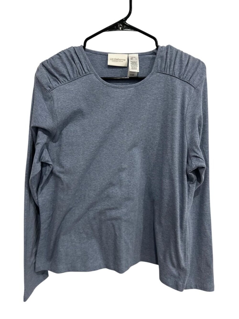 Liz Claiborne Large Petite Blue Long Sleeve Top Ruched Shoulders Vintage Retro